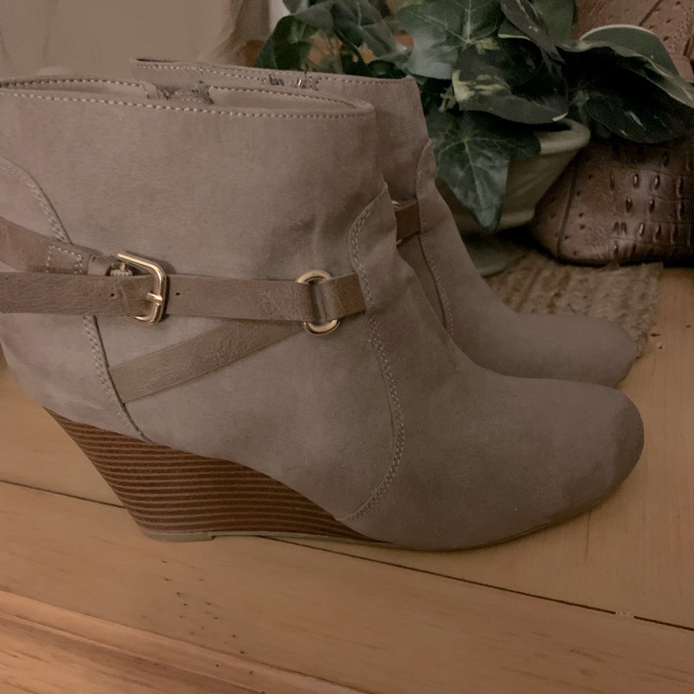 Faux suede block heel wedge booties